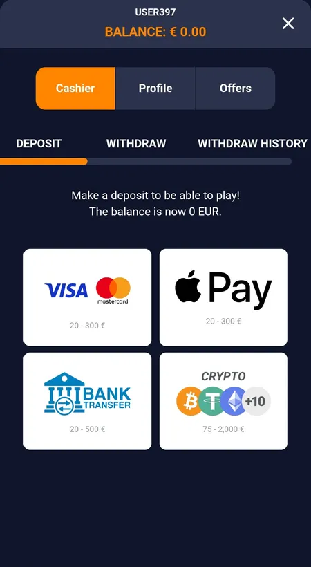 Bass Win app deposit screen with card and crypto options