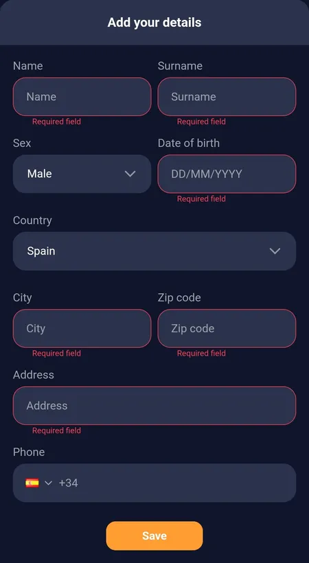 Profile details form showing name, birth date, address and phone fields
