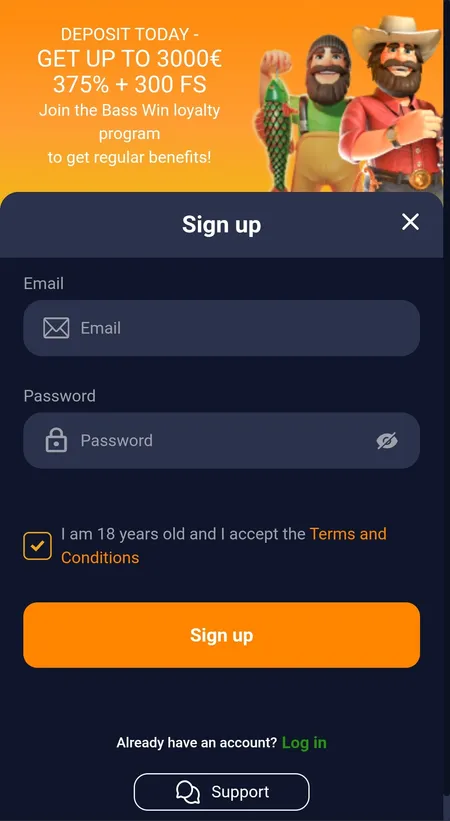 Bass Win sign-up modal with email, password and age checkbox