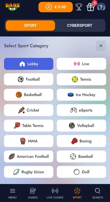 Bass Win sport category picker grid