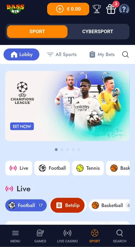 Bass Win sport lobby with Champions League banner